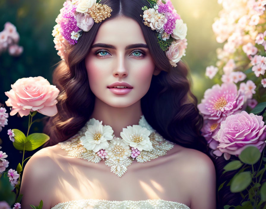 Woman with floral wreath in hair surrounded by pink blooms