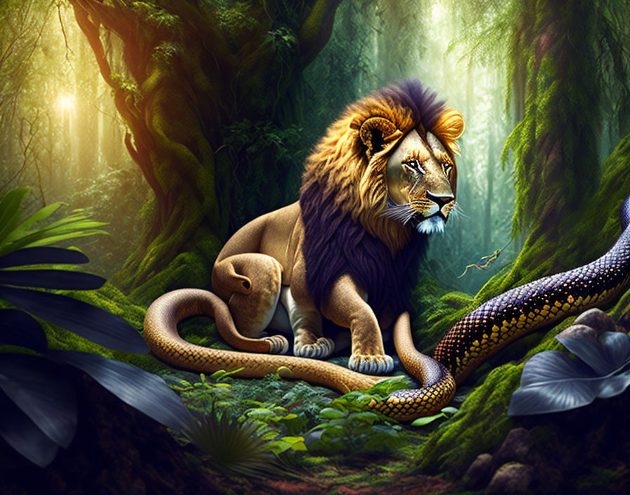 Majestic lion and snake in lush forest with sunbeams