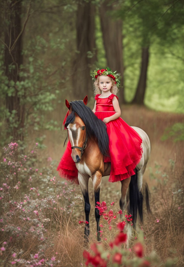 Young girl in red dress on brown horse in floral setting