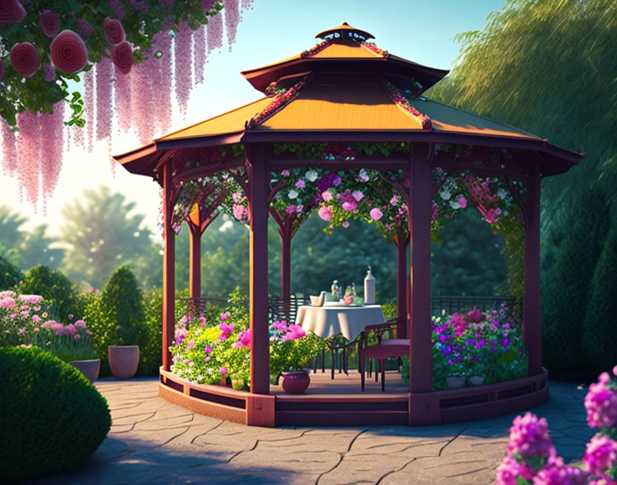 Pink flower-adorned gazebo in lush garden with romantic dinner setup