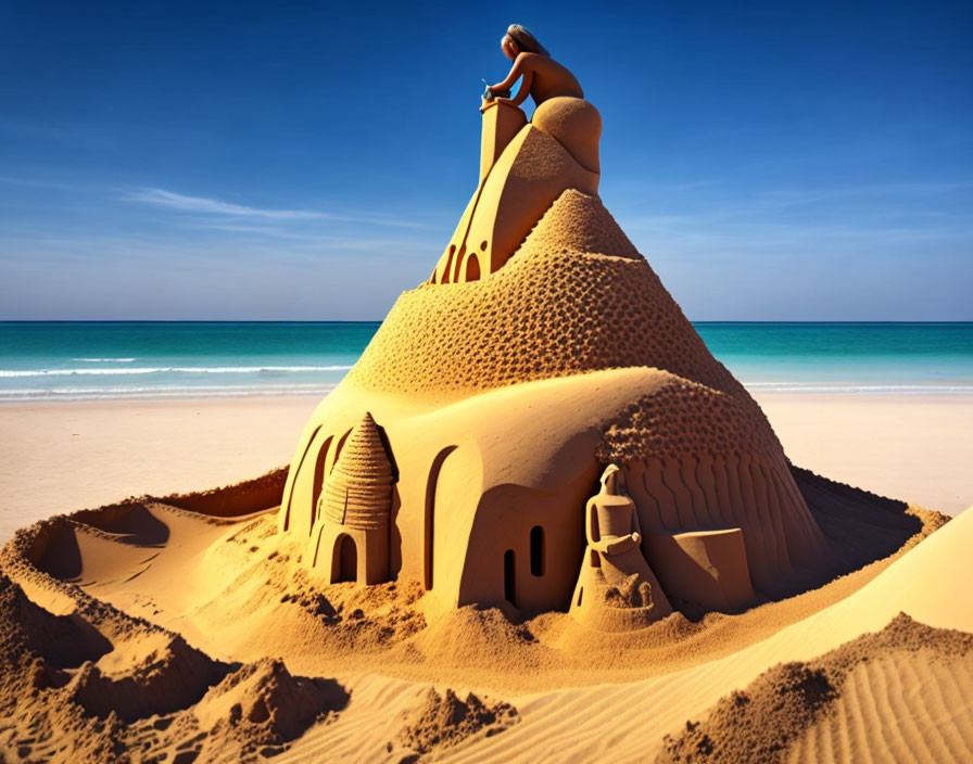 Intricate sandcastle with towers on sandy beach