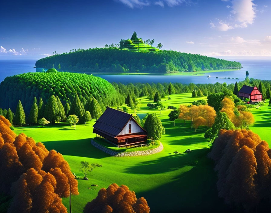 Scenic hilltop wood with traditional houses and vibrant trees