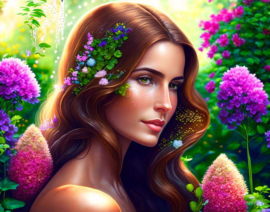 Digital illustration: Woman with floral hair adornments in vibrant, colorful flower setting.