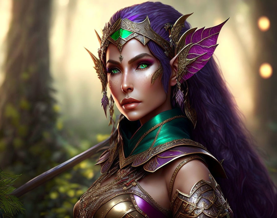 Female elf with purple hair and leaf armor in forest setting