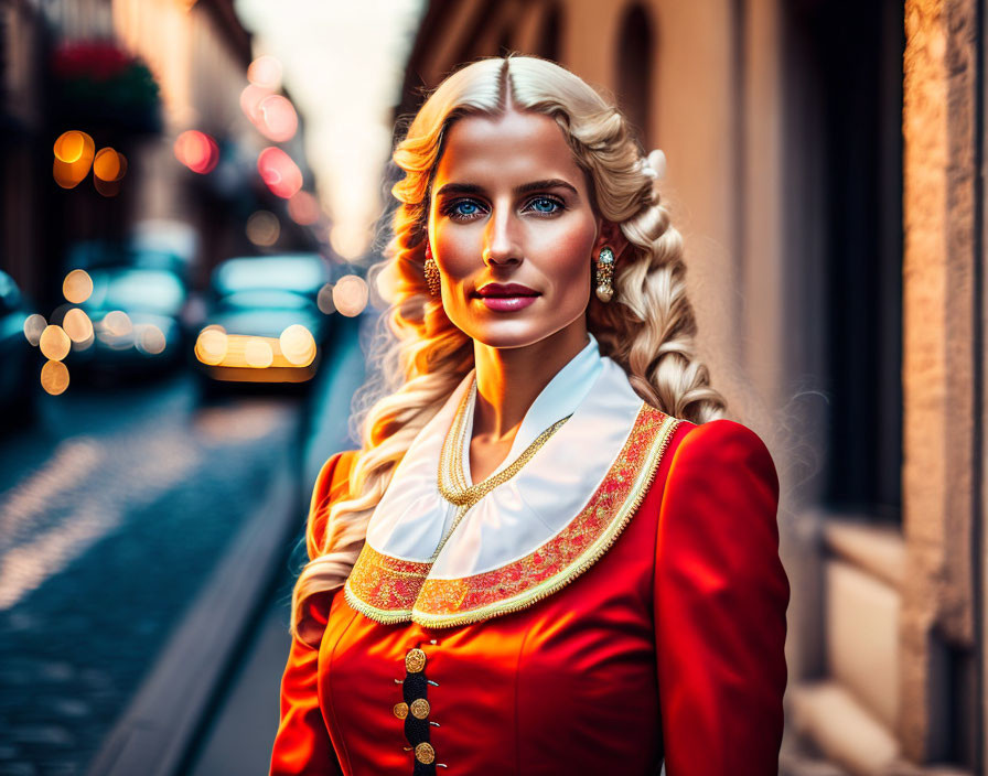 Blonde woman in red dress with gold trim on city street at night