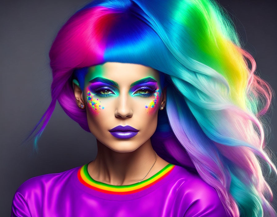 Colorful makeup and rainbow hair on woman against gray backdrop