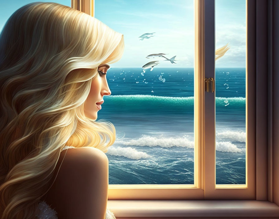 Blonde woman looking at tranquil seascape with seagulls and waves