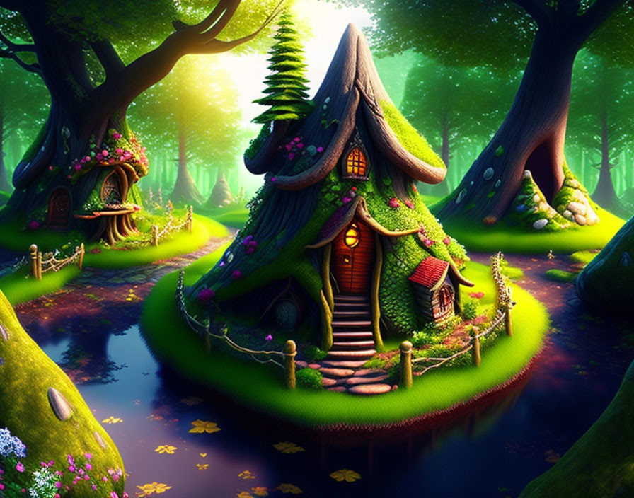 Whimsical forest illustration with fairy-tale cottage, lush trees, flowers, and serene pond