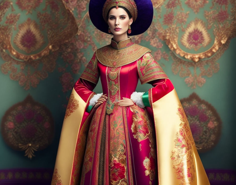 Regal woman in ornate traditional dress on patterned backdrop