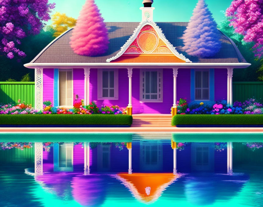 Vibrant purple house with ornate details and colorful flora reflected in tranquil water