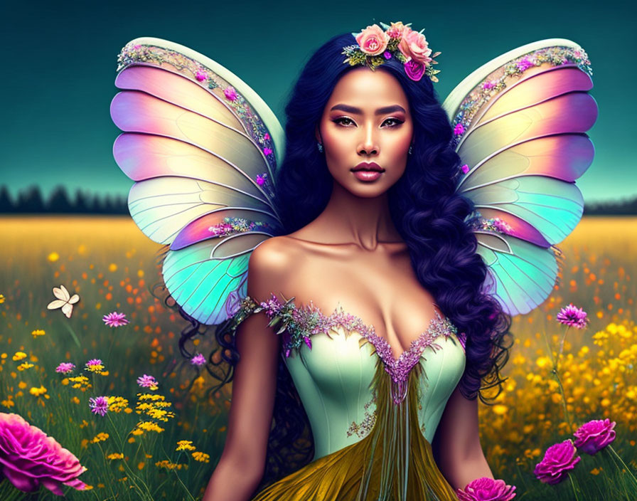 Digital artwork: Woman with butterfly wings in vibrant wildflower field