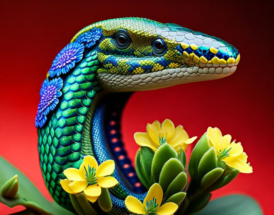 Colorful Digital Art: Snake with Patterns and Flowers on Red Background