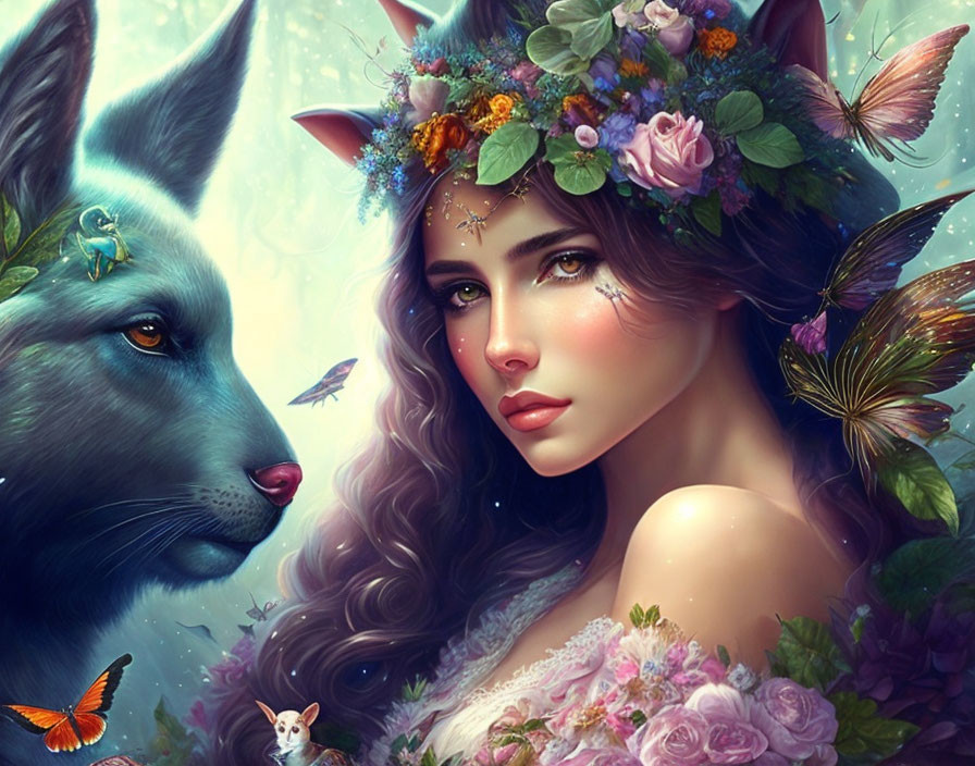 Fantasy portrait: Woman with floral crown, wolf, butterflies in mystical nature ambiance