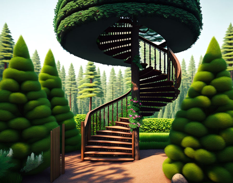 Spiral outdoor staircase around tree leading to forest treehouse