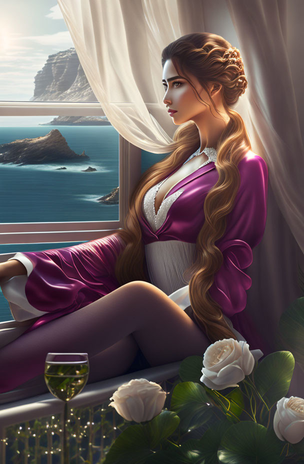 Pensive woman in purple robe by sea view window with wine and white roses