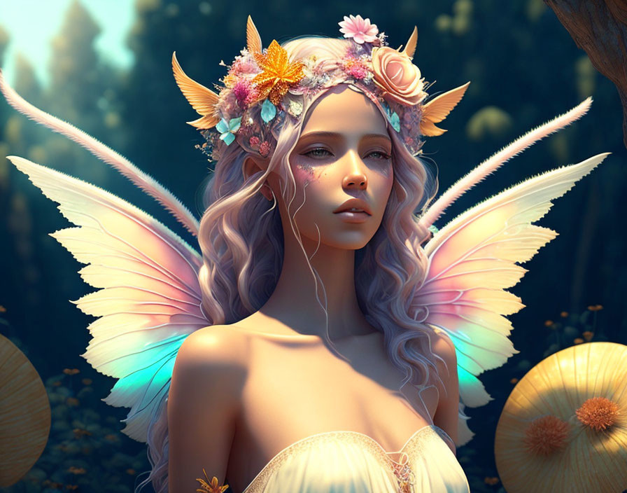 Fantasy female character with colorful butterfly wings and floral crown