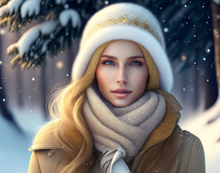 Blonde Woman with Blue Eyes in Winter Setting