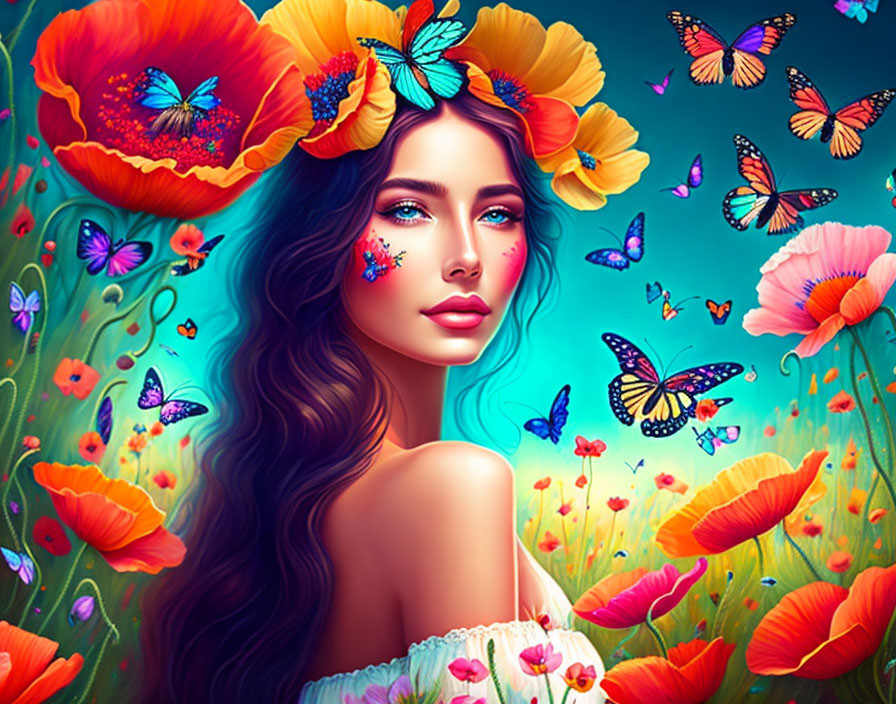 Woman adorned with poppy flowers and butterflies in colorful, surreal floral setting