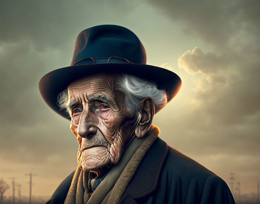 Elderly man in hat and coat gazes under cloudy skies