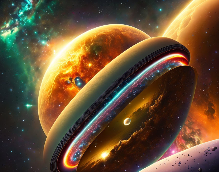 Vibrant space scene with ringed planet, moon, and sun-kissed planet against star