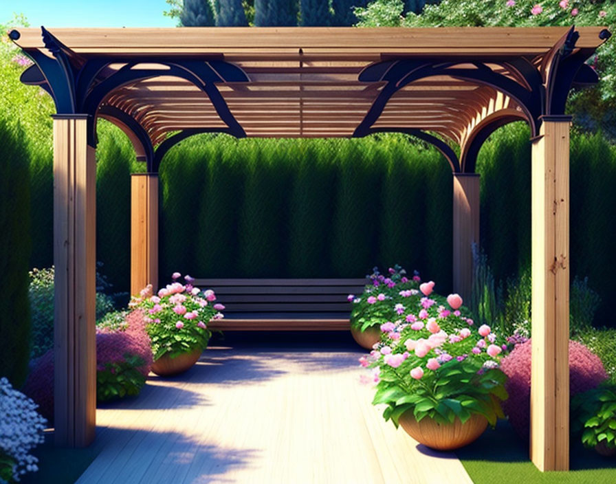 Curved roof wooden pergola with bench, pink flowers, and trimmed hedges in serene garden