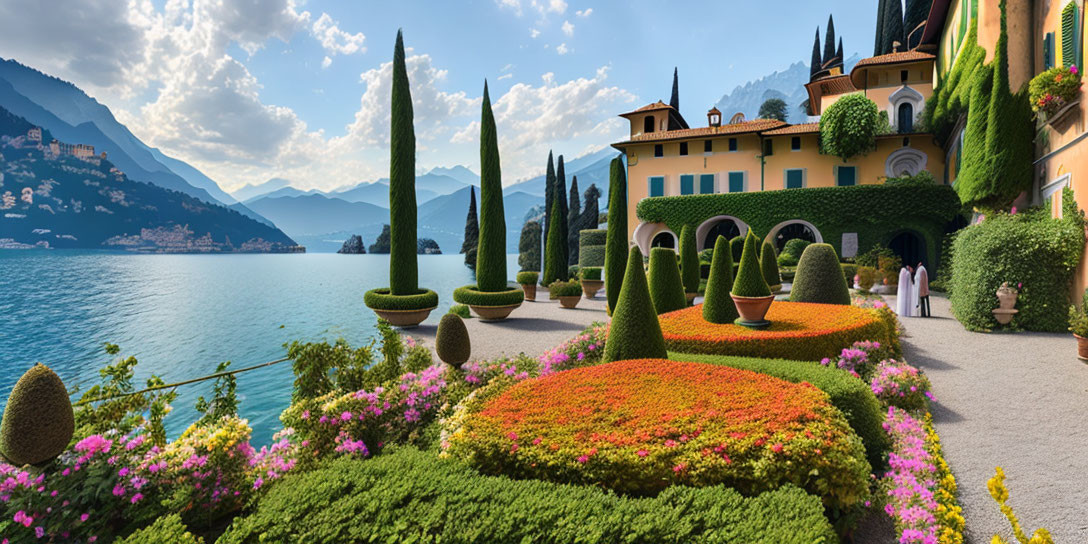 Sculpted hedges, colorful flowers, cypress trees in lakeside garden