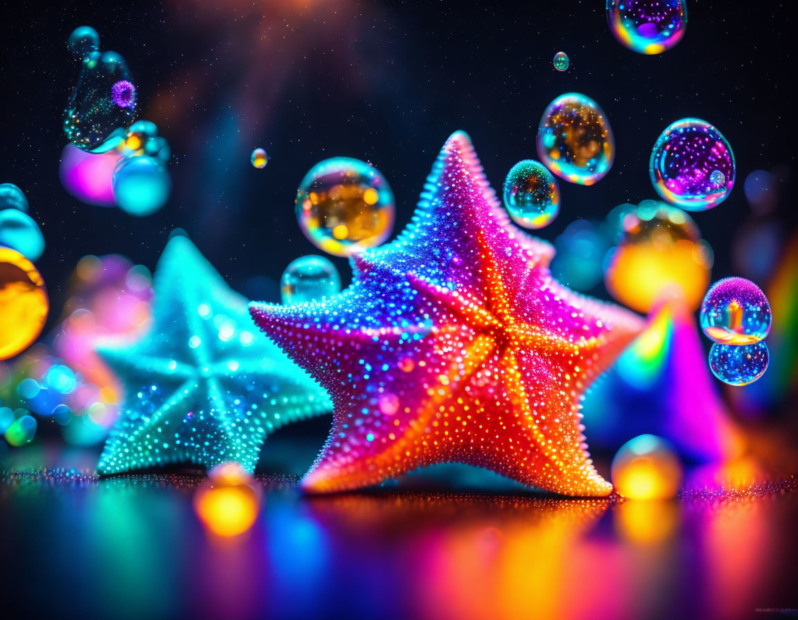 Colorful star-shaped figures and bubbles in neon-lit setting