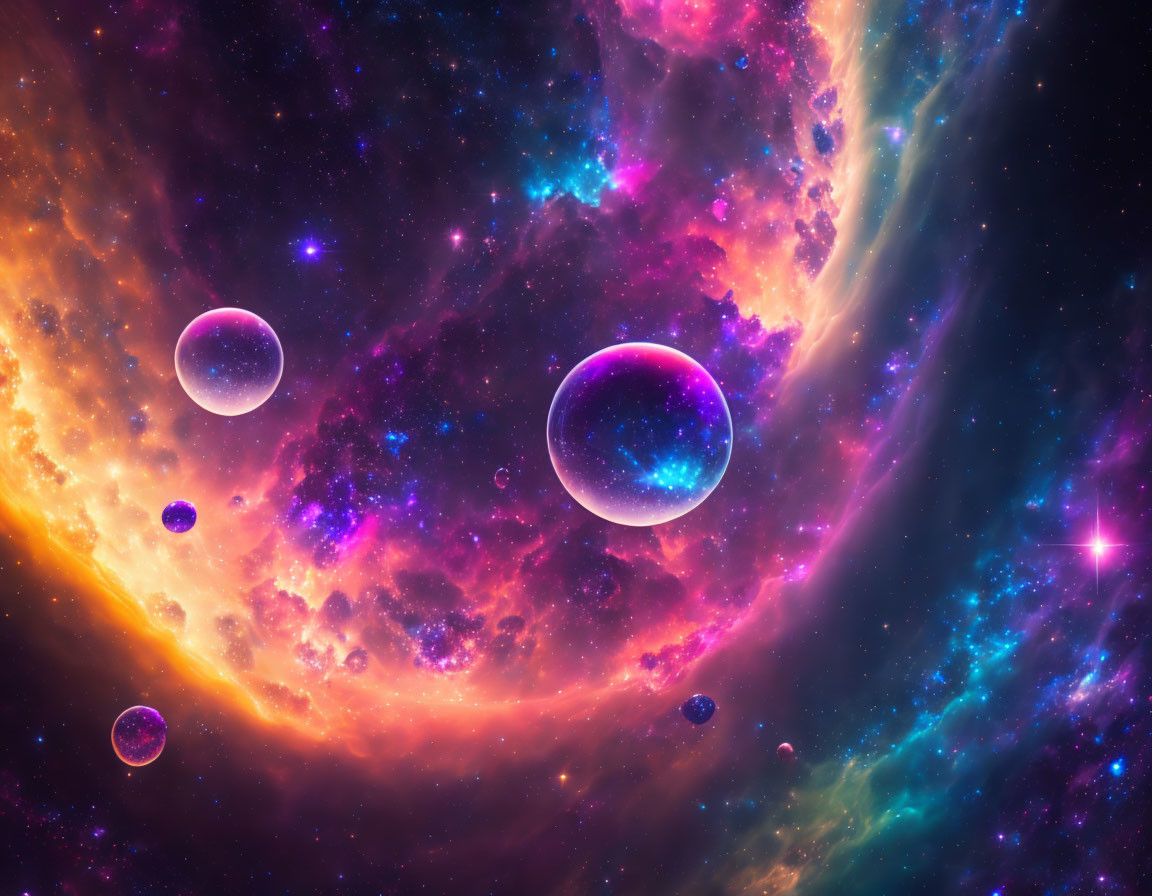 Colorful planets in swirling cosmic scene with nebulas and stars