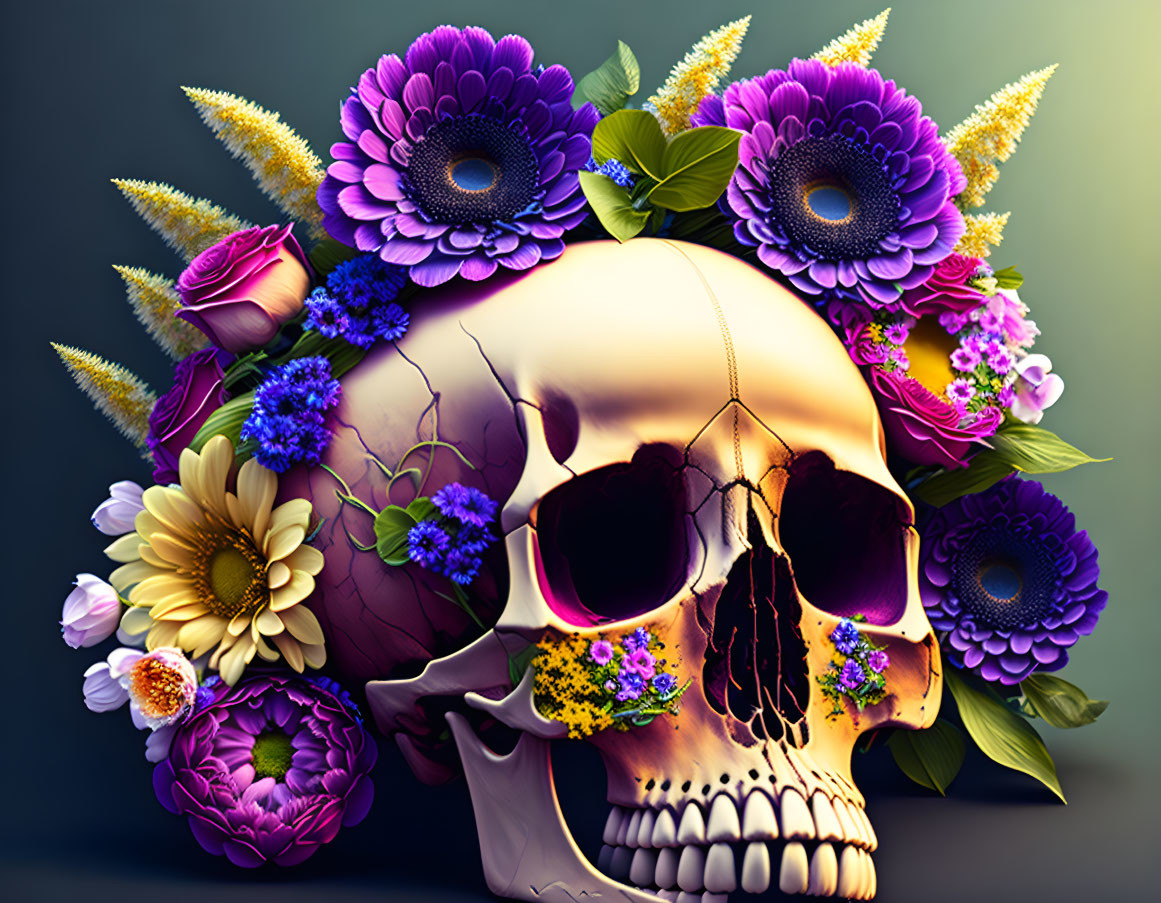 Detailed human skull illustration with vibrant flower adornments on dark background