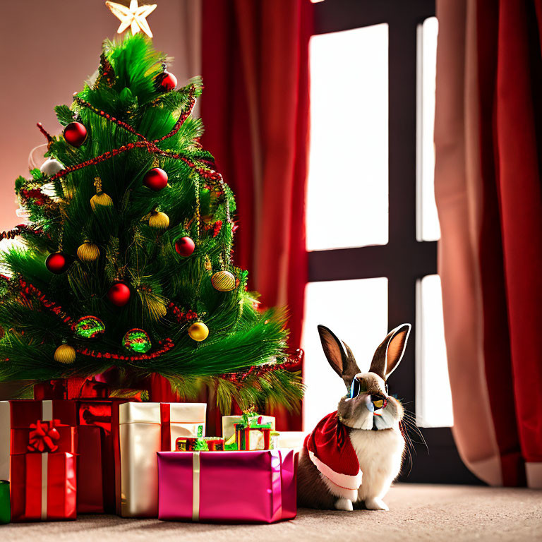 Santa Costume Rabbit by Christmas Tree and Gifts