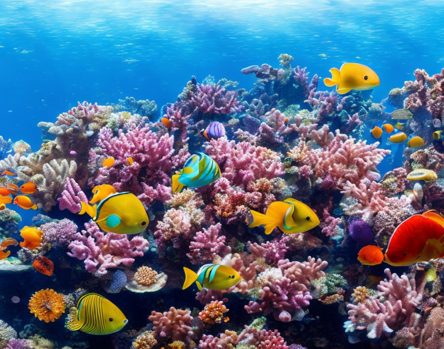 Colorful Coral Reef and Tropical Fish in Vibrant Underwater Scene