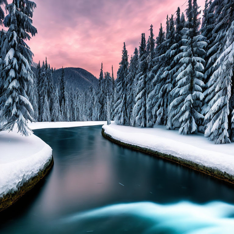 Snowy forest river scene with pinkish sky at dawn or dusk