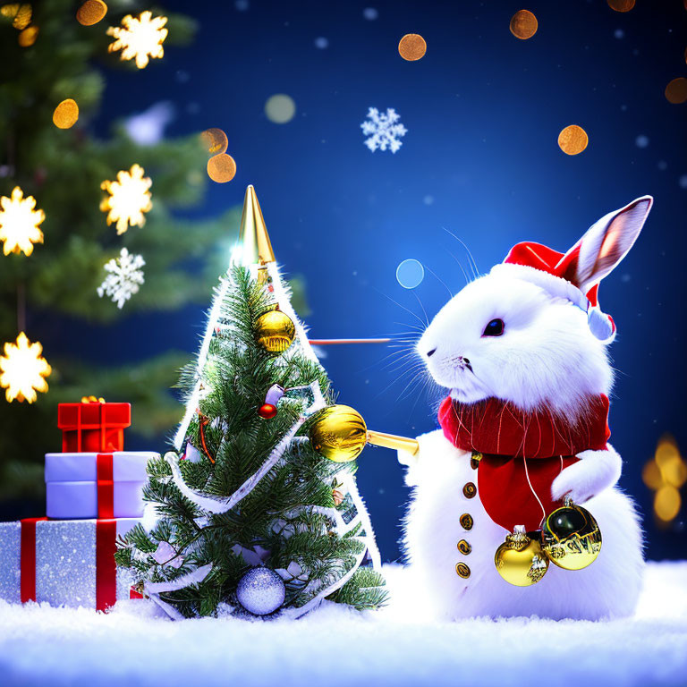 White Bunny in Santa Hat with Golden Bell and Christmas Tree Gifts