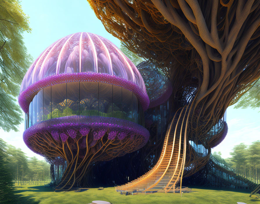 Transparent dome futuristic treehouse with purple accents and wooden supports in lush forest.