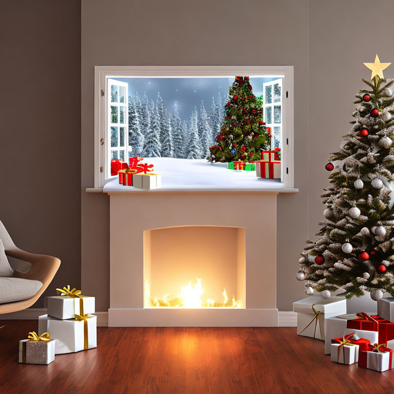 Warm Fireplace and Christmas Tree in Cozy Room with Snowy View