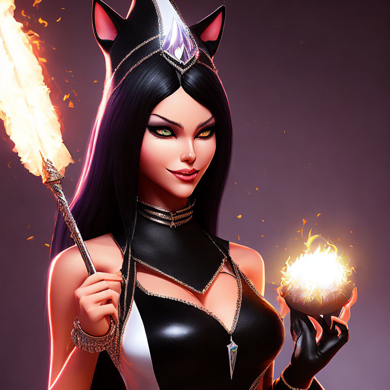 Feline-themed female character with torch and orb in black and silver outfit