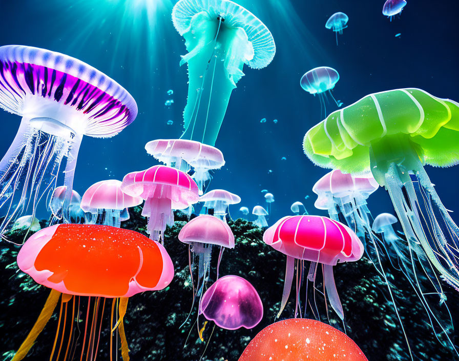 Vibrant jellyfish in deep blue underwater scene