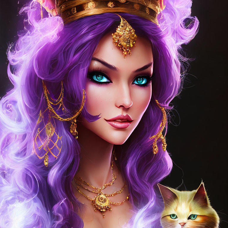 Digital Art: Woman with Purple Hair, Blue Eyes, Golden Crown, Jewelry, and Cat