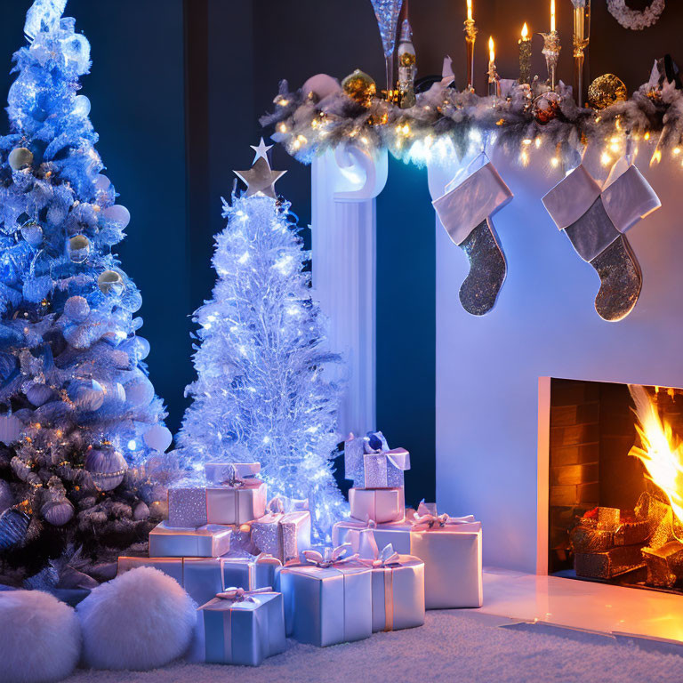 Festive Christmas scene with decorated trees, fireplace, stockings, and silver-white gifts