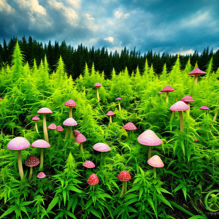 Lush forest with tall green ferns and red-capped mushrooms under dramatic sky