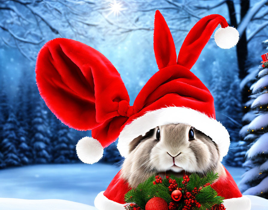 Adorable Bunny in Red Santa Hat in Snowy Landscape