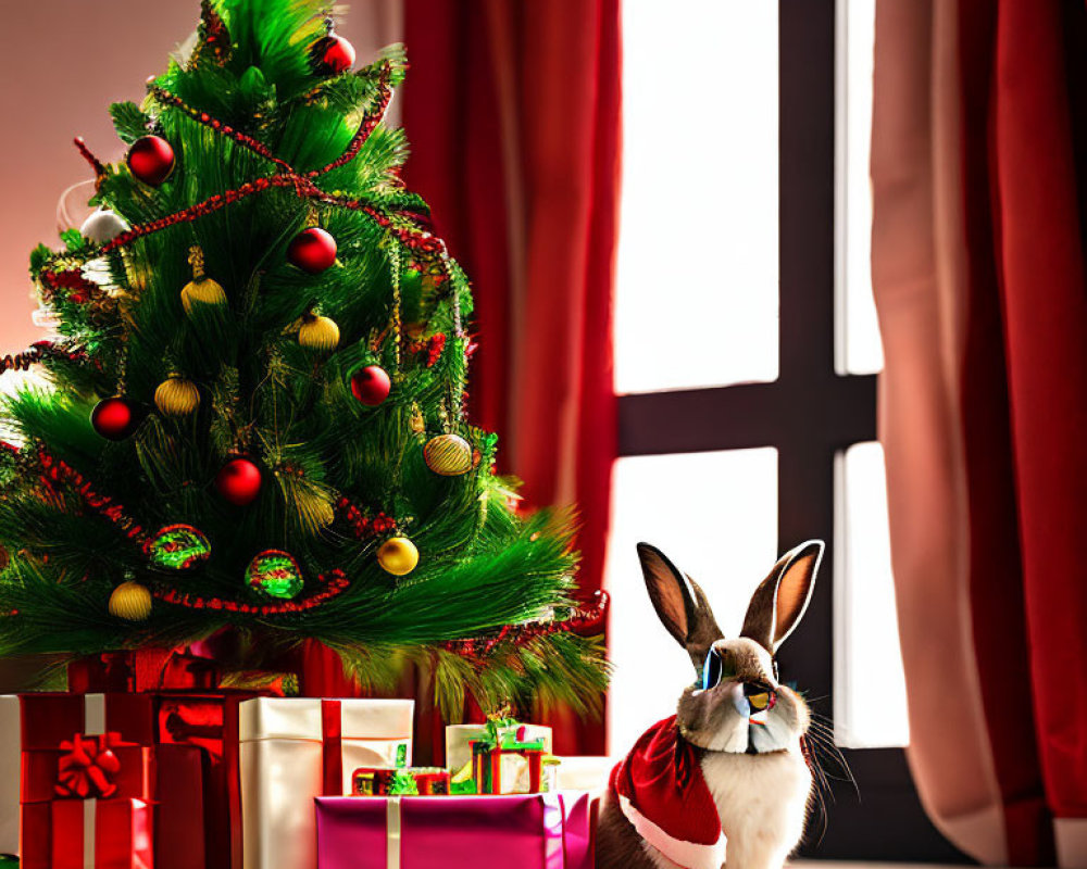 Santa Costume Rabbit by Christmas Tree and Gifts