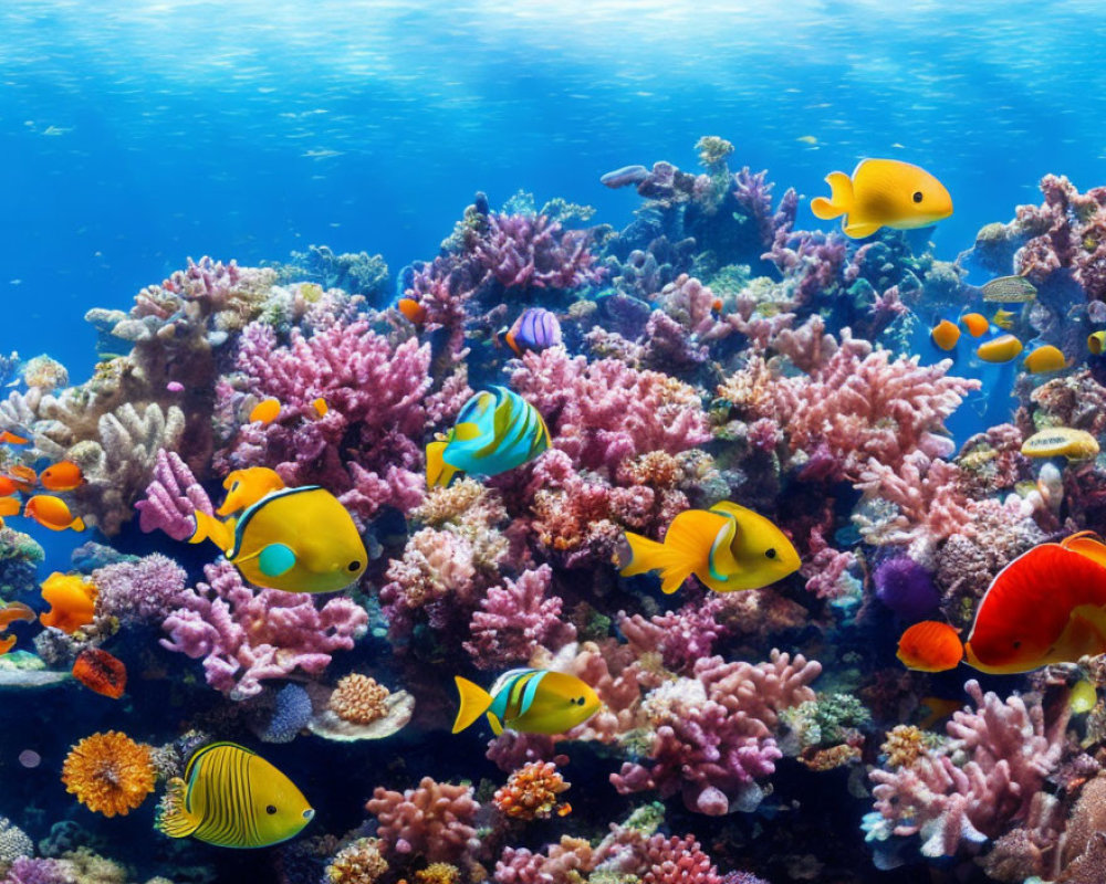 Colorful Coral Reef and Tropical Fish in Vibrant Underwater Scene