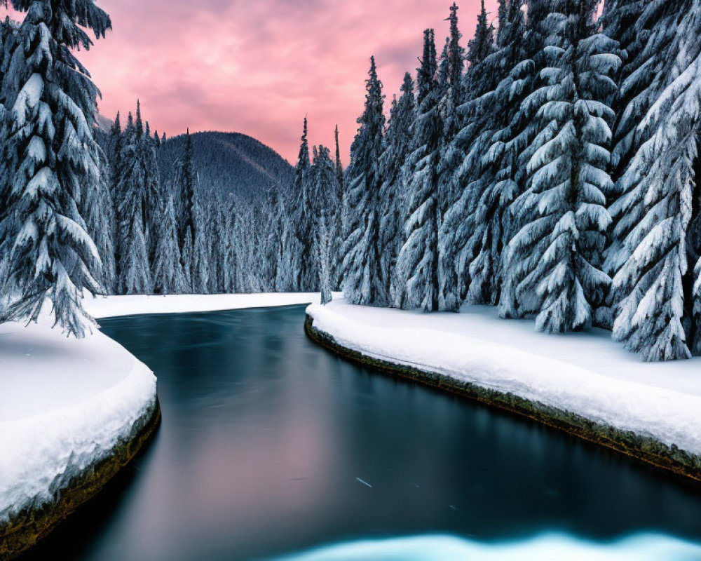 Snowy forest river scene with pinkish sky at dawn or dusk