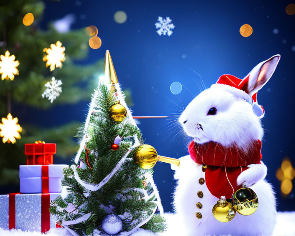 White Bunny in Santa Hat with Golden Bell and Christmas Tree Gifts