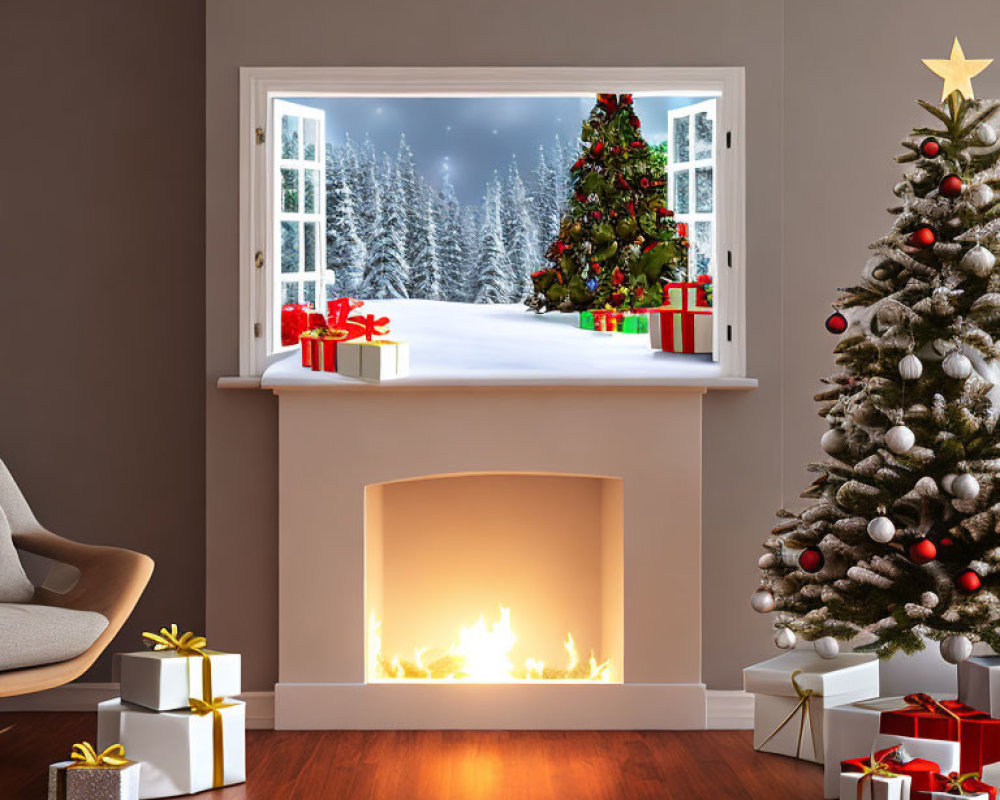 Warm Fireplace and Christmas Tree in Cozy Room with Snowy View