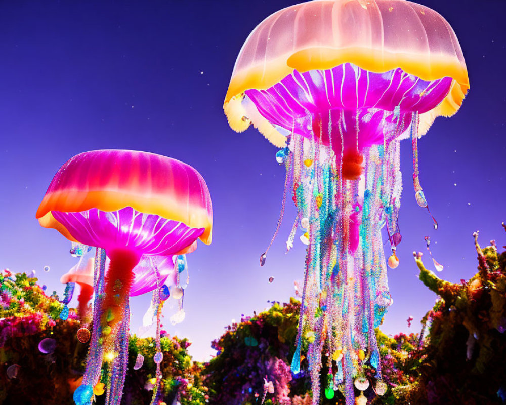 Colorful Neon Jellyfish and Coral Reef Under Starry Sky