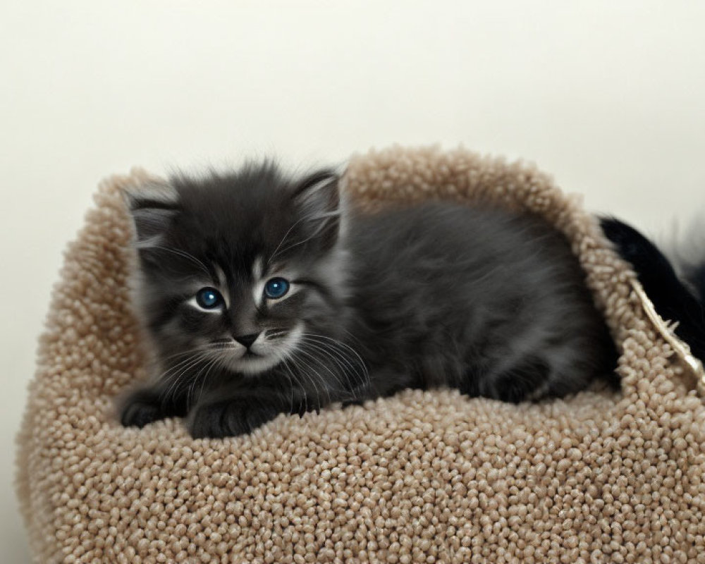 Fluffy Kittens with Striking Blue Eyes on Beige Cat Bed