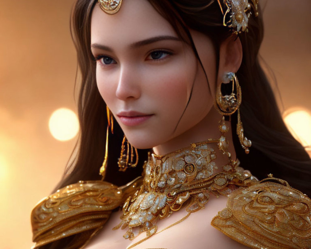 Detailed Golden Jewelry Adorns Woman in Portrait