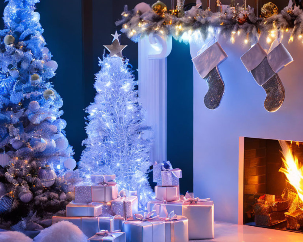 Festive Christmas scene with decorated trees, fireplace, stockings, and silver-white gifts